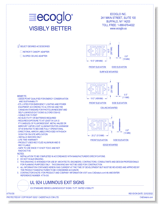 EX Standard Series Luminous Exit Signs: 75 Ft. Rated Visibility
