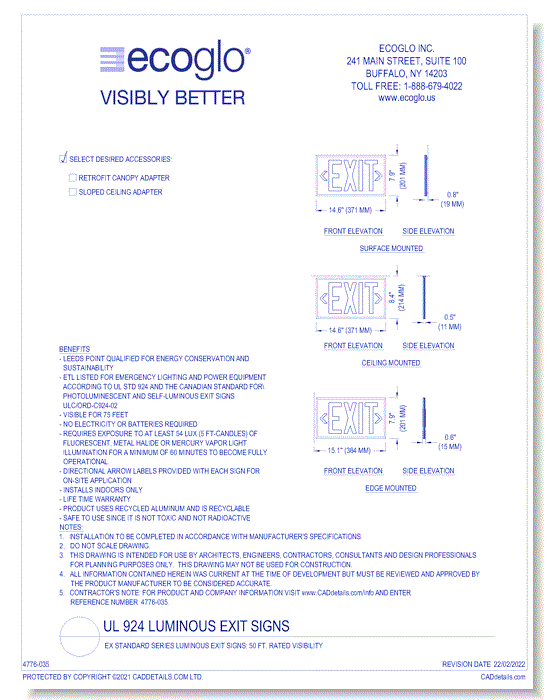 EX Standard Series Luminous Exit Signs: 50 Ft. Rated Visibility