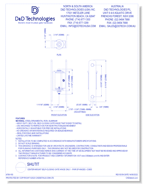 Center-Mount Self-Closing Gate Hinge Only – Pair of Hinges - CI3835