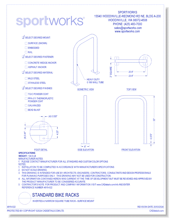 Inverted-U Narrow Square Tube Rack - Surface Mount