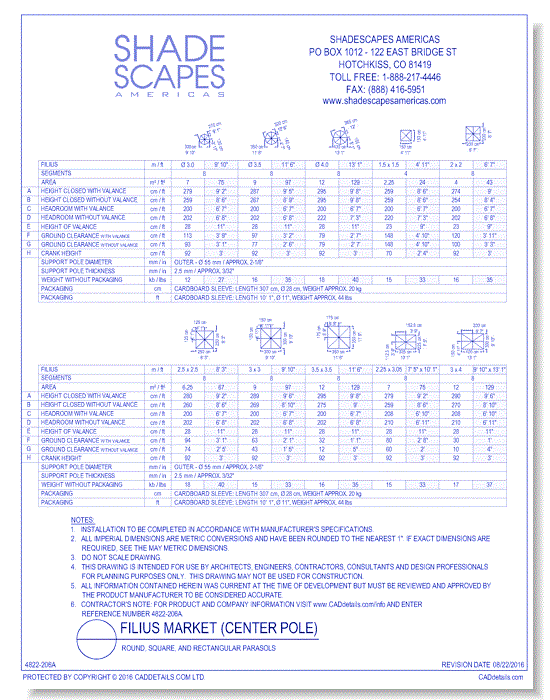 Filius (FS) Rope Pull or(FK) Crank Shaft: Round, Square, and Rectangular Parasols Size Chart