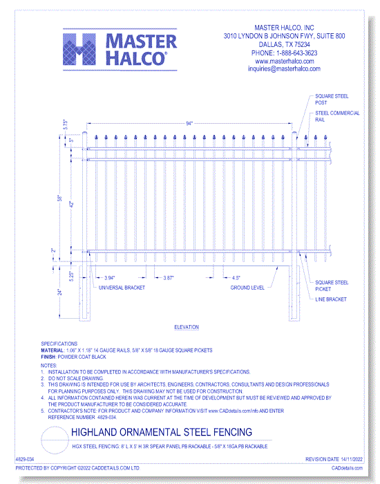 HGX Steel Fencing: 8' L x 5' H 3R Spear Panel PB Rackable - 5/8" x 18ga PB Rackable
