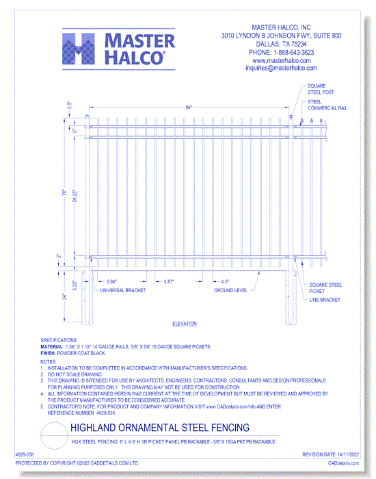 HGX Steel Fencing: 8' L x 6' H 3R Picket Panel PB Rackable - 5/8" x 18ga Pkt PB Rackable