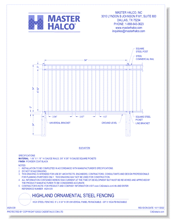 HGX Steel Fencing: 8' L x 54" H 3R Universal Panel FB Rackable - 5/8" x 18ga FB Rackable