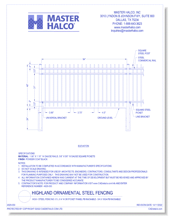 HGX+ Steel Fencing: 8' L x 4' H 3R Picket Panel PB Rackable - 3/4 x 18ga PB Rackable