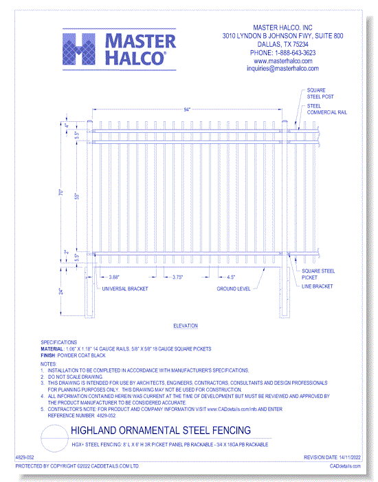 HGX+ Steel Fencing: 8' L x 6' H 3R Picket Panel PB Rackable - 3/4 x 18ga PB Rackable