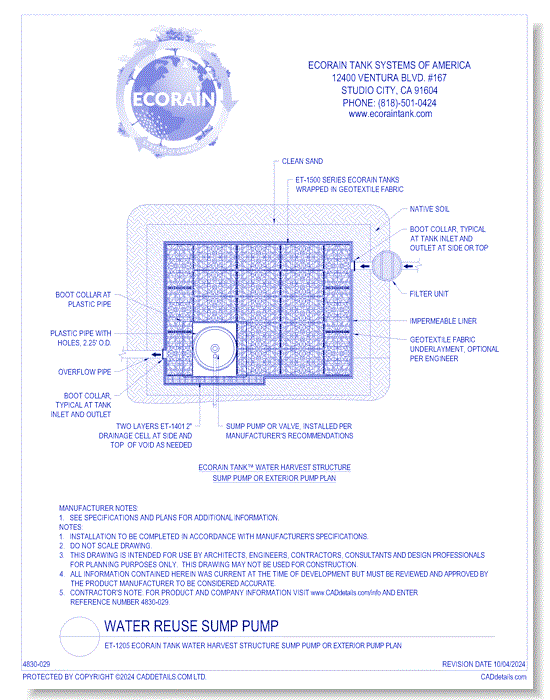 ET-1205 EcoRain™Tank Water Harvest Structure Sump Pump or Exterior Pump Plan