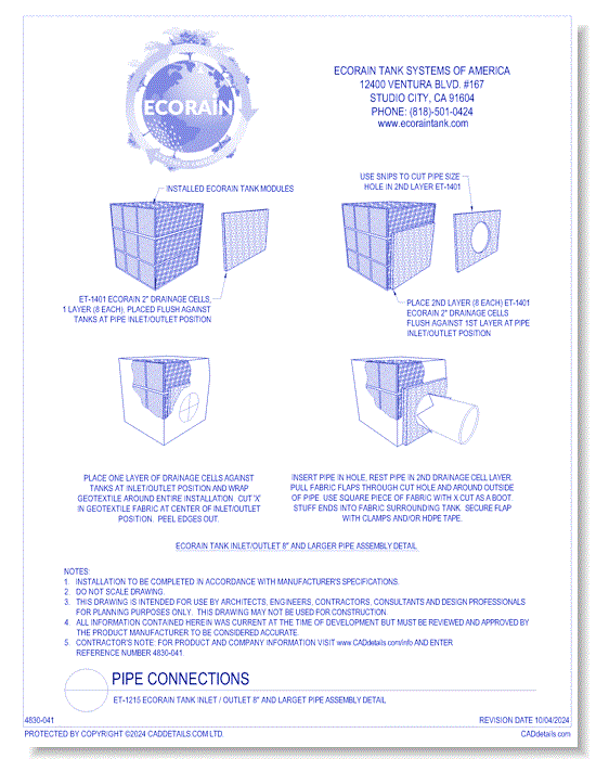 ET-1215 EcoRain™ Tank Inlet / Outlet 8" and Larger Pipe Assembly Detail