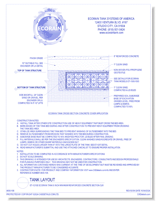 ET-1213E Eco-Rain Tank 8 Inch Minimum Reinforced Concrete Section CLR