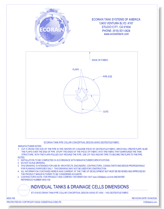 ET-1216 Eco-Rain Tank Geotextile Pipe Collar Design CLR