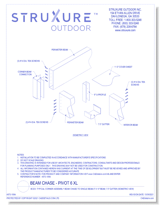 BCD3: Typical Corner Assembly Beam Chase To Single Beam 2" X 10" Beam, 7.5" Gutter (Isometric View)