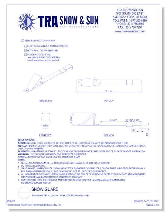 Snow Guard: Snow Bracket™ Ludowici Interlocking Profile - Apex