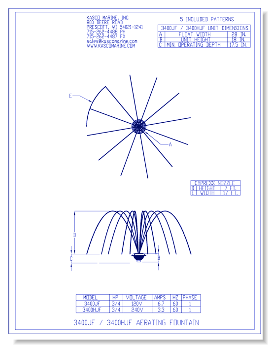 JF Series: 3400JF, 3/4HP, 120V, Single Phase – 5 Fountain Patterns