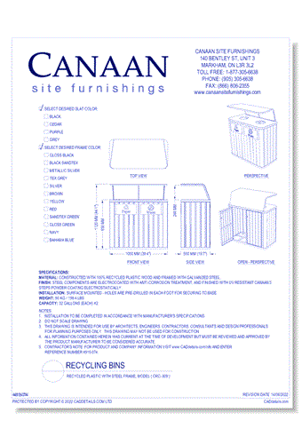 Recycling Bin: Recycled Plastic with Steel Frame, Model ( CRC-809 )