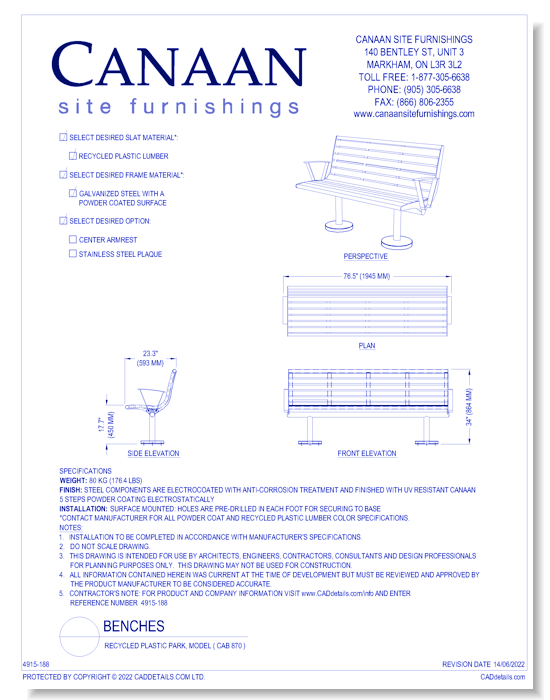Bench: Recycled Plastic Park, Model ( CAB 870 )