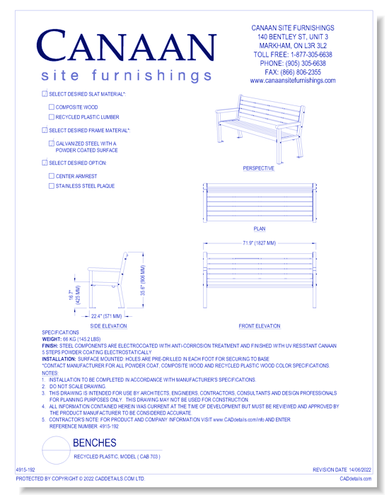 Bench: Recycled Plastic, Model ( CAB 703 )
