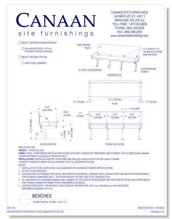 Bench: Transit Metal, Model ( CAL 717 )