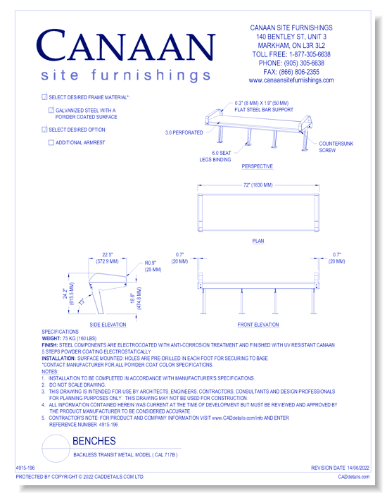 Bench: Backless Transit Metal, Model ( CAL 717B )