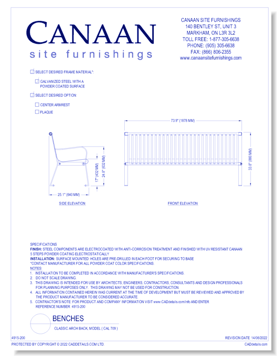 Bench: Classic Arch Back, Model ( CAL 709 )