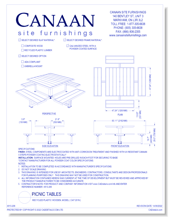 Picnic Table: Recycled Plastic Wooden, Model ( CAT 201N )