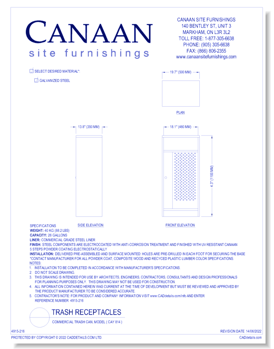 Receptacle: Commercial Trash Can, Model ( CAY 814 )