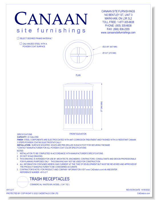 Receptacle: Commercial Waste Bin, Model ( CAY 702 )