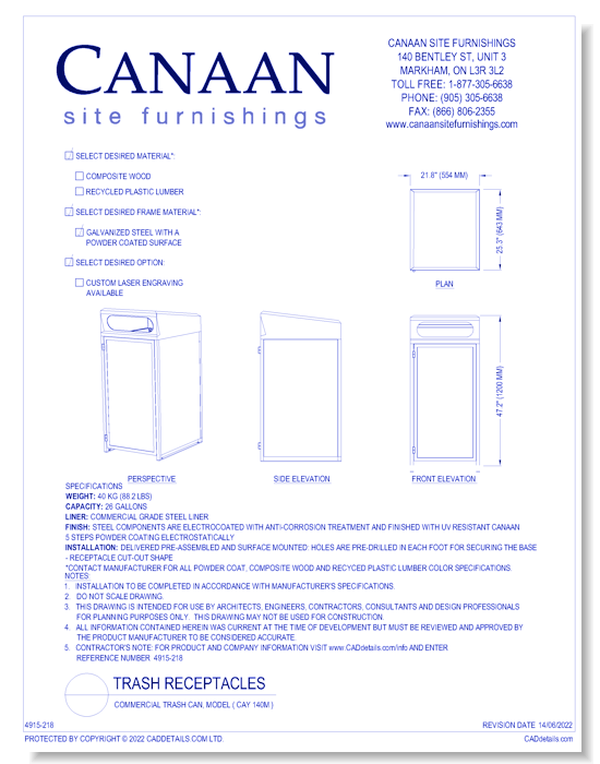 Receptacle: Commercial Trash Can, Model ( CAY 140M )