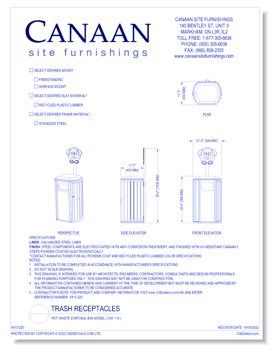 Receptacle: Pet Waste Disposal Bin, Model ( CAY 114 )