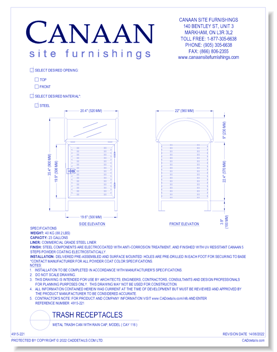 Receptacle: Metal Trash Can With Rain Cap, Model ( CAY 116 )