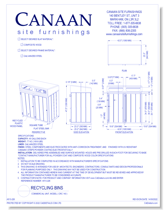 Recycling Bin: Commercial Unit, Model ( CRC 140 )