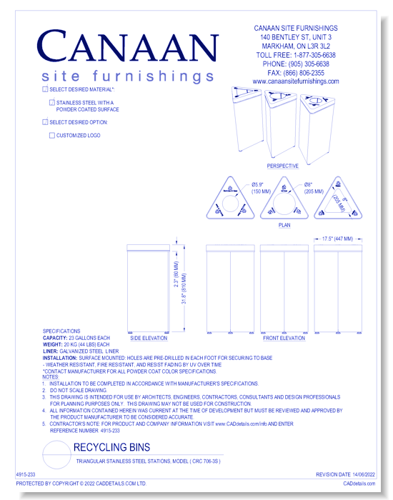 Recycling Bin: Triangular Stainless Steel Stations, Model ( CRC 706-3S )