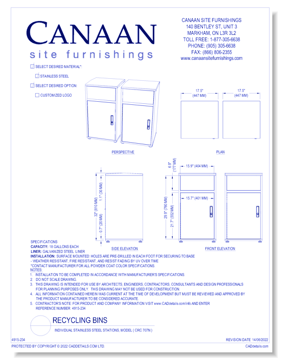 Recycling Bin: Individual Stainless Steel Stations, Model ( CRC 707N )