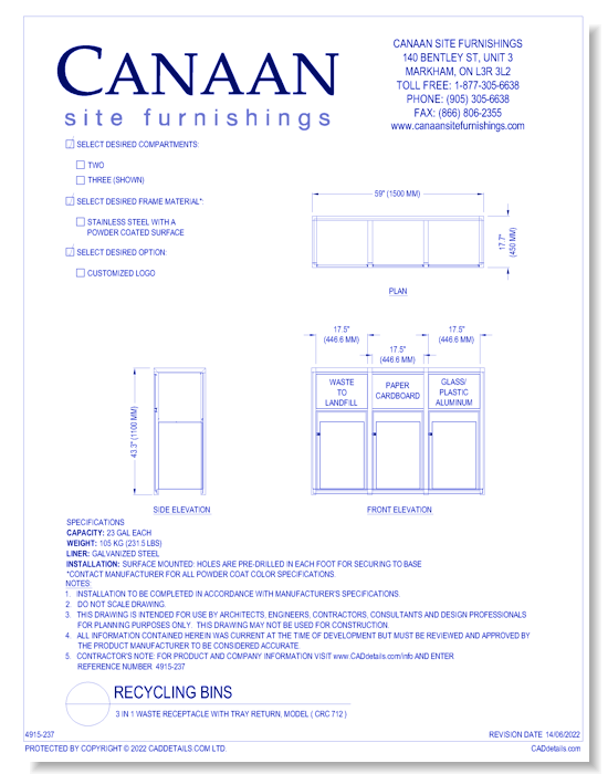 Recycling Bin: 3 In 1 Waste Receptacle With Tray Return, Model ( CRC 712 )