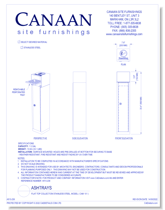 Ashtray: Flat Top Collection Stainless Steel, Model ( CAM 101 )