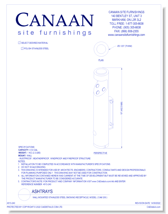 Ashtray: Wall Mounted Stainless Steel Smoking Receptacle, Model ( CAM 200 )