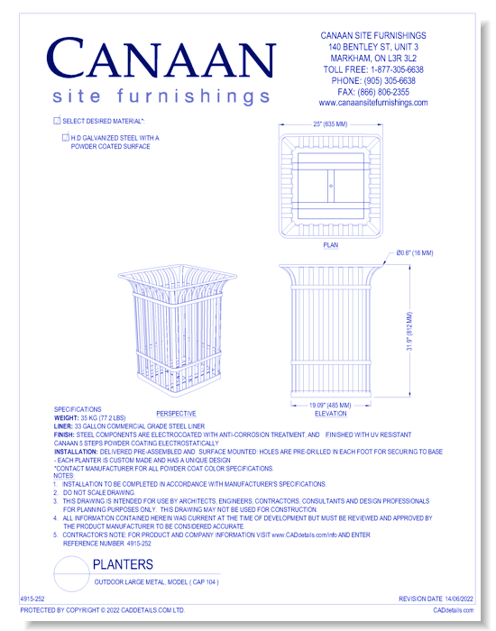 Planter: Outdoor Large Metal, Model ( CAP 104 )