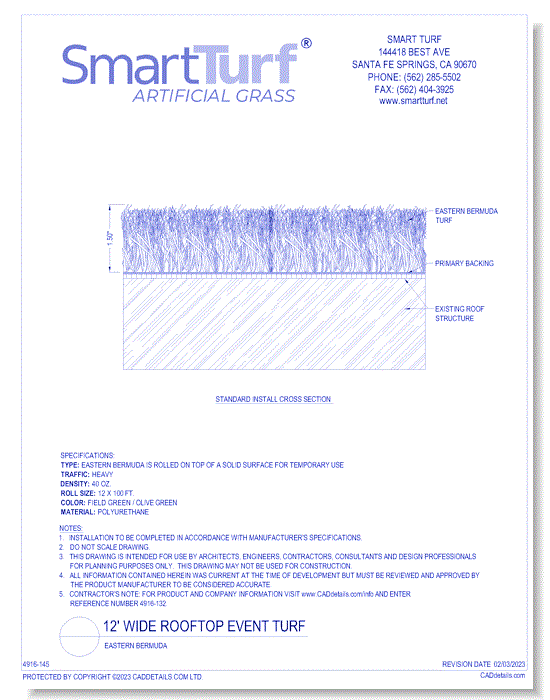 12' Wide Rooftop Event Turf: Eastern Bermuda