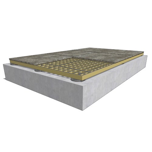 GRATEDEX®: PK11–loose laid structural floor over bearing surface on float plates for trowel bond thin-gauged stone tile