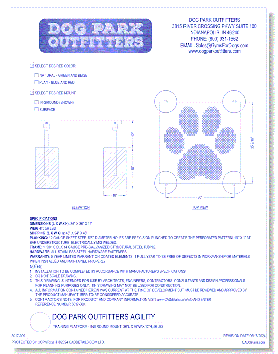 Dog Park Outfitters - Training Platform - Inground Mount, 36"L x 36"W x 12"H, 56 lbs