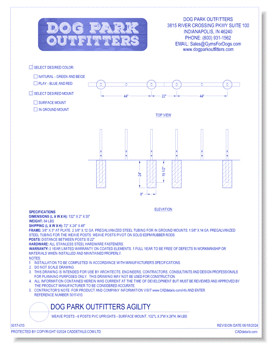 Dog Park Outfitters - Weave Posts - 6 Posts PVC Uprights - Surface Mount, 132"L x 3"W x 26"H, 84 lbs