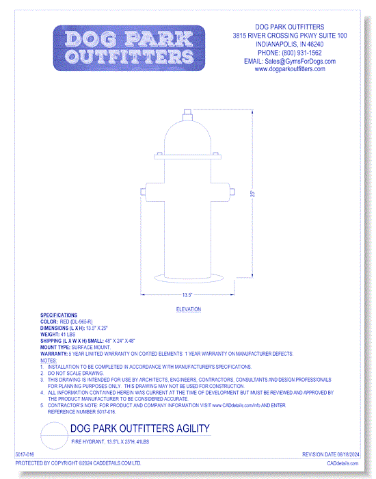 Dog Park Outfitters - Fire Hydrant, 13.5"L x 25"H, 41lbs