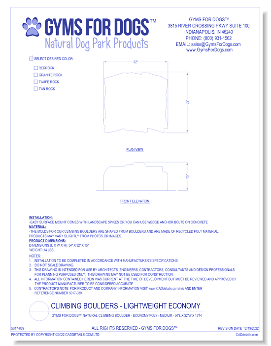 Gyms For Dogs™ Natural Climbing Boulder - Economy Poly - Medium - 34"L x 32"W x 15"H