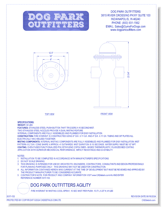 Dog Park Outfitters - Fire Hydrant w Misting Cool Spray, 10 sec mist per push, 13.5" L x 25" H, 41 lbs