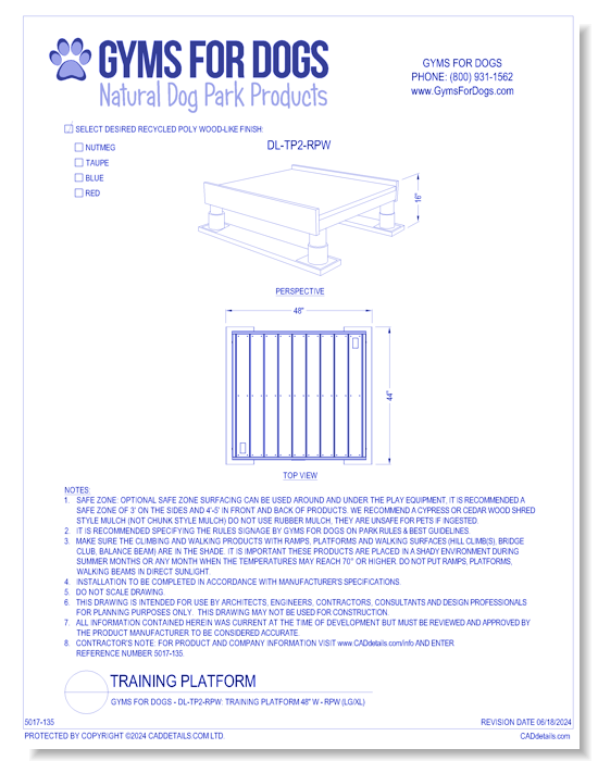 Gyms For Dogs™ - DL-TP2-RPW: Training Platform 48" W - RPW (LG/XL)