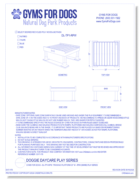 Gyms For Dogs® - DL-TP1-RPW: Training Platform 33" W - RPW (SM/MD) 