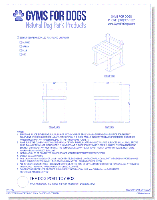 Gyms For Dogs™ - DL-LB-RPW: The Dog Post™ Leash Post Toy Box - RPW