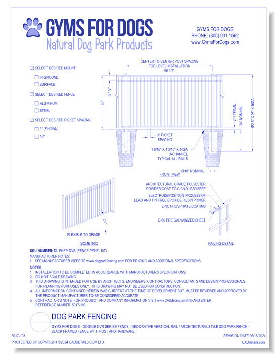 Gyms For Dogs™ - Doggie DVR Series Fence - Decorative Vertical Rail / Architectural Style Dog Park Fence - 4’ Black Framed Fence with Post and Hardware