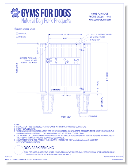 Gyms For Dogs™ - Doggie DVR Series Fence - Decorative Vertical Rail / Architectural Style Dog Park Fence - Doggie Entrance Gate with Self-Close Hinge and Latch