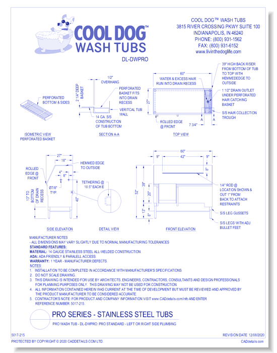 Pro Wash Tub - DL-DWPRO: Pro Standard - Left or Right Side Plumbing