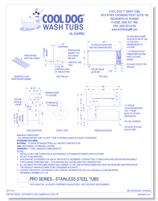 Pro Wash Tub - DL-DWPRO: Perpendicular Access - Left or Right Side Plumbing